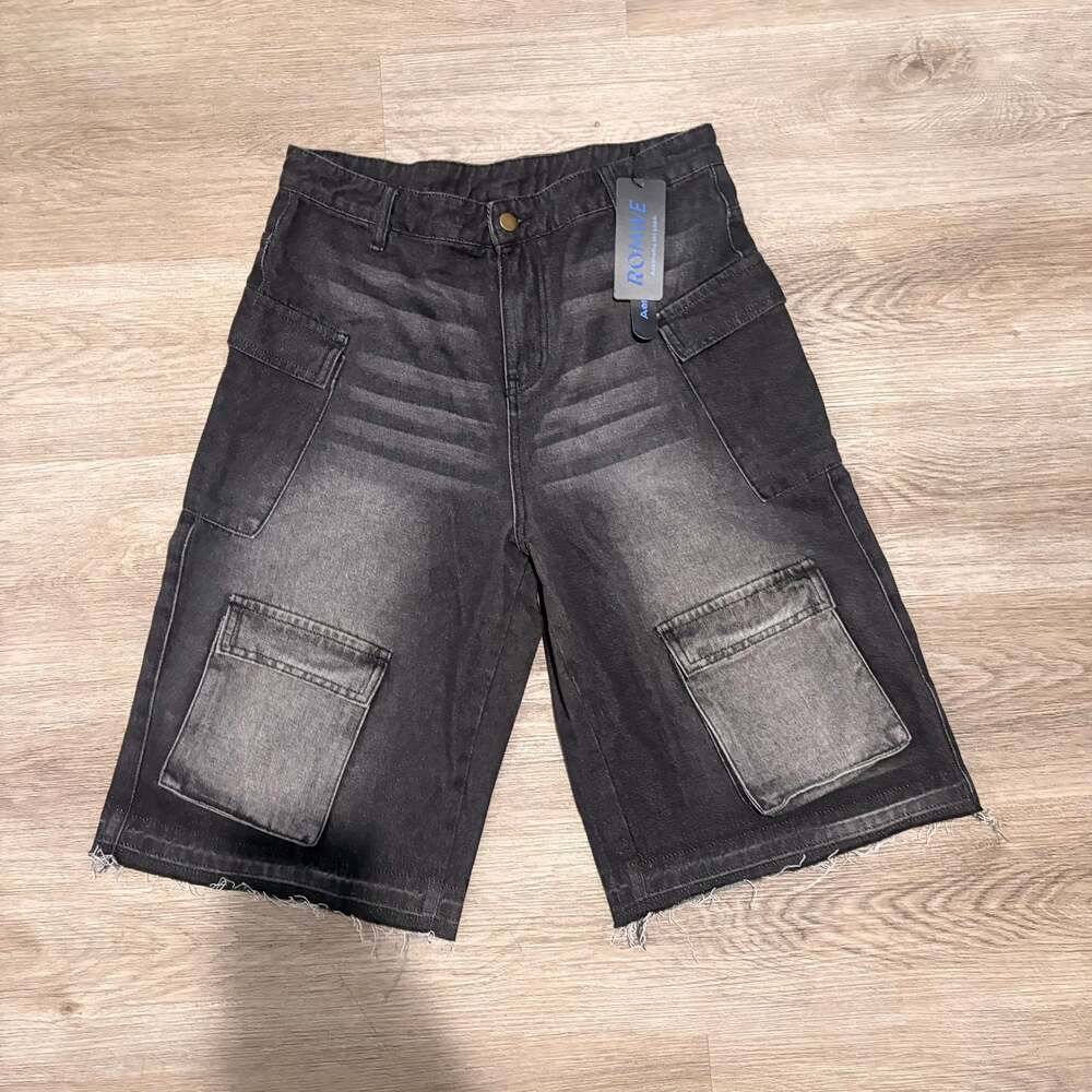 Romwe Men's Casual Washed Black Frayed Hem Cargo Denim Shorts Y2K